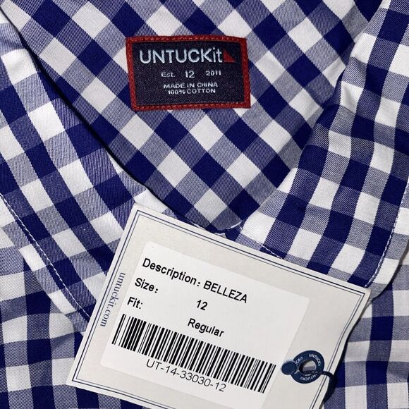 UNTUCKit Women's Size 12 Belleza Navy Blue Gingham Button Down Shirt Pocket - Picture 2 of 6